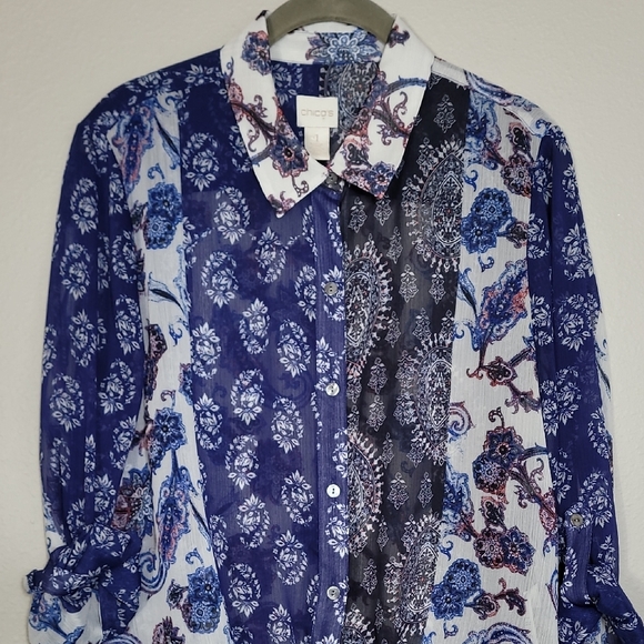 Chicos Sheer Button Up Top Size M Paisley Roll Tab Collar High Low Hem Blue - Picture 2 of 13